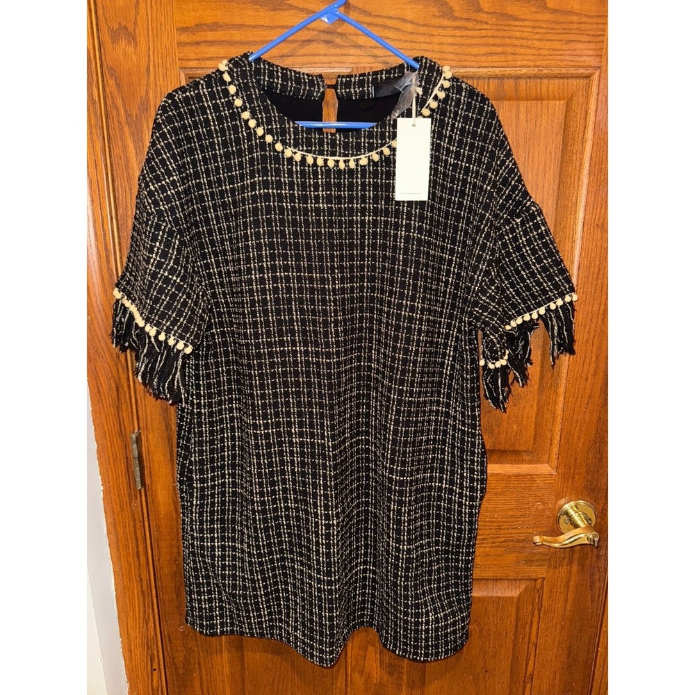 NWT  VICI Marleen black Tweed Pom Pom Dress pockets Size Large fringe sleeves
